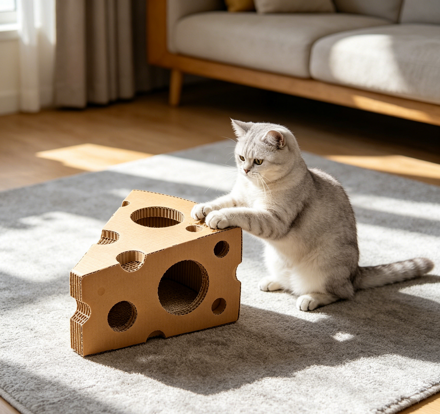 Cheese Slice Corrugated Cat Scratcher Cave, Multi-Hole Hideaway Cat Bed & Scratching Toy