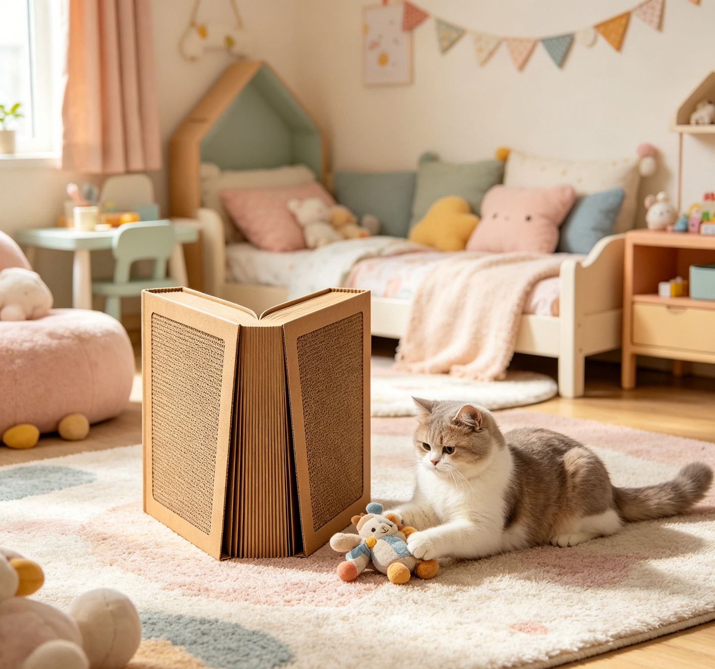 Vintage Book Cat Scratcher, High Density Honeycomb Cardboard Freestanding Cat Toy