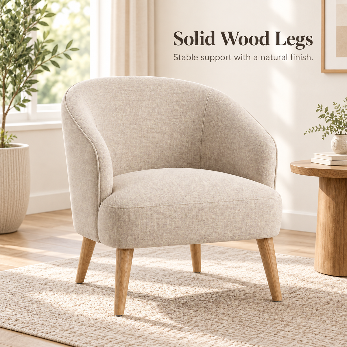 Intoobetter Cream Curved Accent Chair – Textured Upholstered Lounge Chair with Natural Wood-Tone Legs