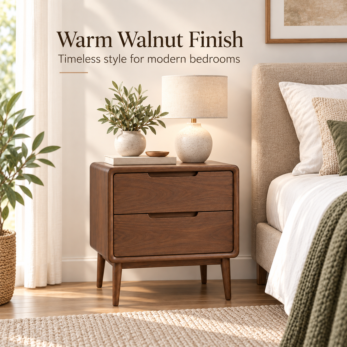 Intoobetter Walnut-Tone 2-Drawer Nightstand – Rounded Wooden-Look Bedside Table with Tapered Legs