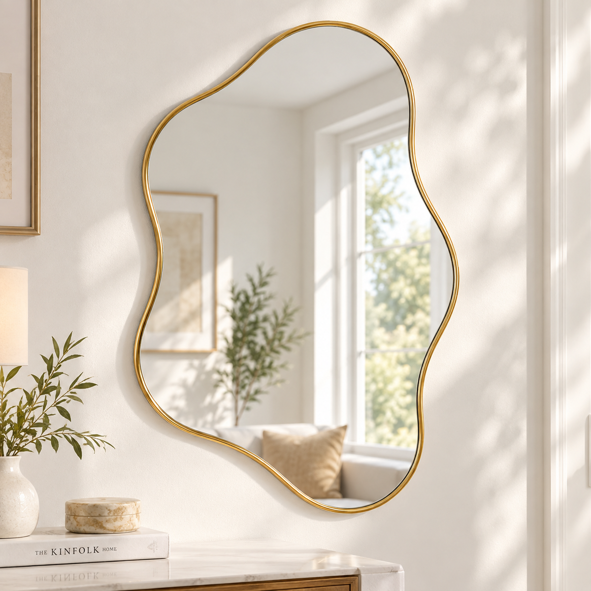 Intoobetter Irregular Wall Mirror – Organic-Shaped Gold-Tone Framed Accent Mirror for Bedroom, Entryway and Living Room