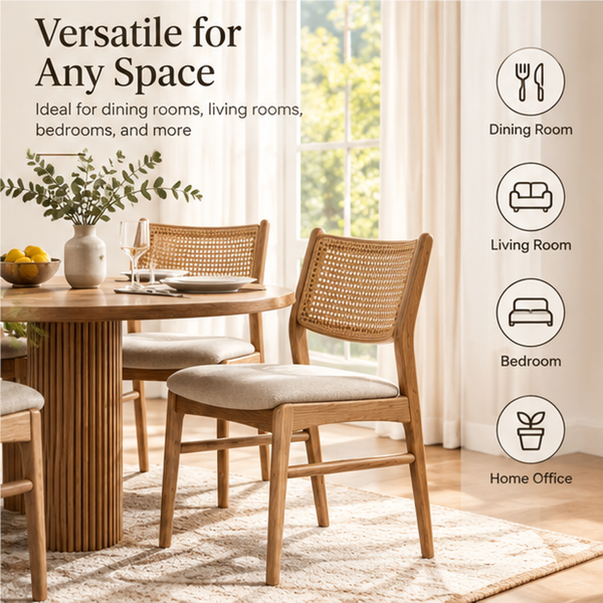 Intoobetter Natural Wood-Tone Dining Chair – Woven Back Accent Chair with Cream Upholstered Seat