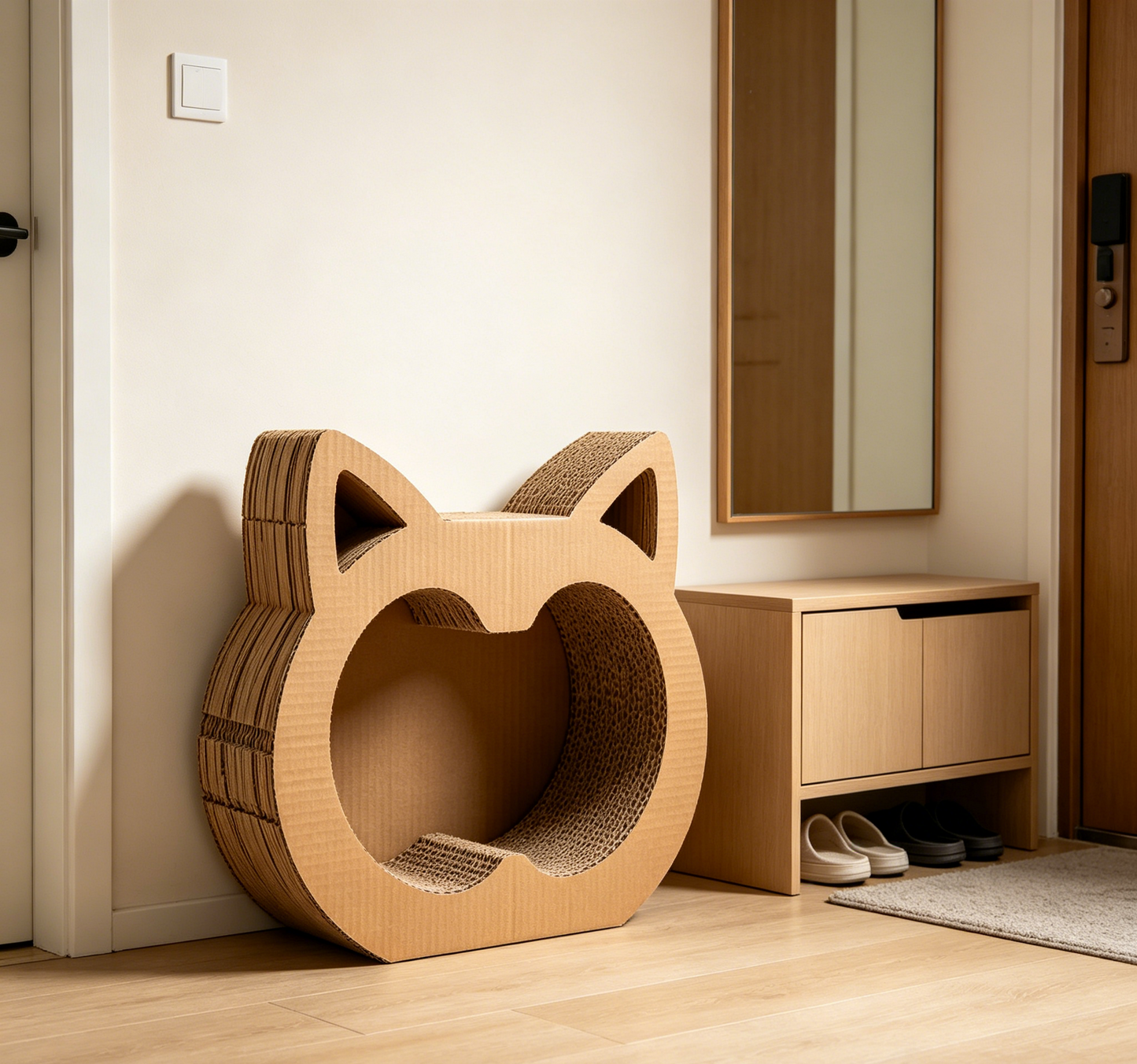 Cat Head Shaped Thick Corrugated Cardboard Cat Scratcher Bed, 2-in-1 Rest & Claw Grinding Nest for Indoor Cats