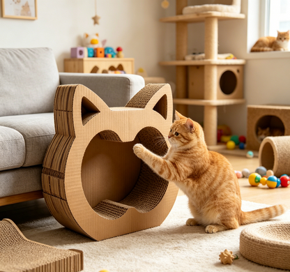 Cat Head Shaped Thick Corrugated Cardboard Cat Scratcher Bed, 2-in-1 Rest & Claw Grinding Nest for Indoor Cats
