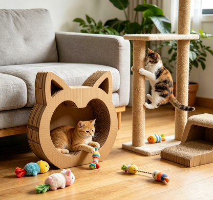 Cat Head Shaped Thick Corrugated Cardboard Cat Scratcher Bed, 2-in-1 Rest & Claw Grinding Nest for Indoor Cats