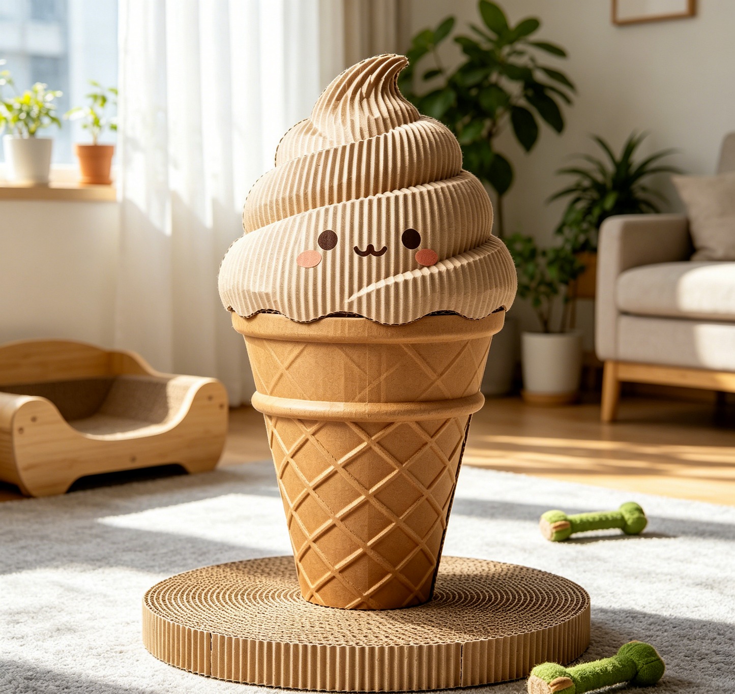 Cartoon Smiley Soft Serve Cat Scratcher, Durable Honeycomb Cardboard Stable Base Cat Toy