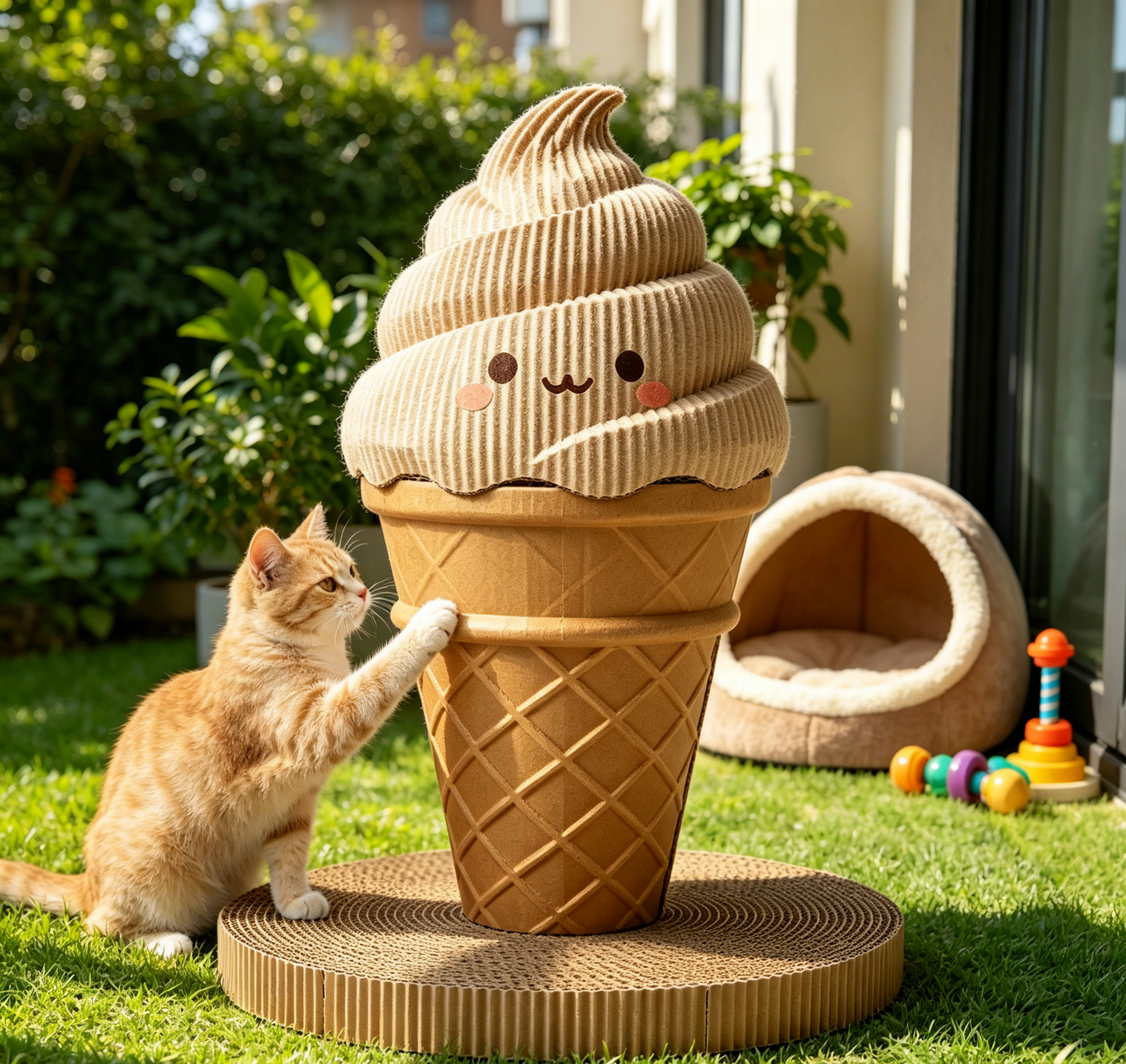 Cartoon Smiley Soft Serve Cat Scratcher, Durable Honeycomb Cardboard Stable Base Cat Toy