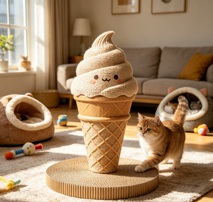 Cartoon Smiley Soft Serve Cat Scratcher, Durable Honeycomb Cardboard Stable Base Cat Toy