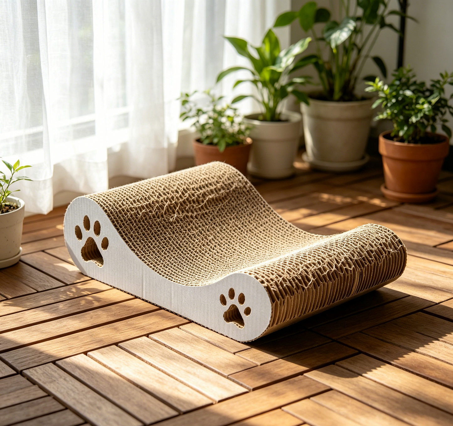 S Wave Curved Corrugated Cat Scratcher, Ergonomic Cat Scratching Pad with Paw Cutout