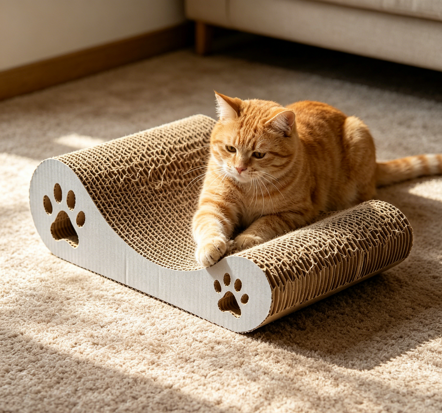 S Wave Curved Corrugated Cat Scratcher, Ergonomic Cat Scratching Pad with Paw Cutout