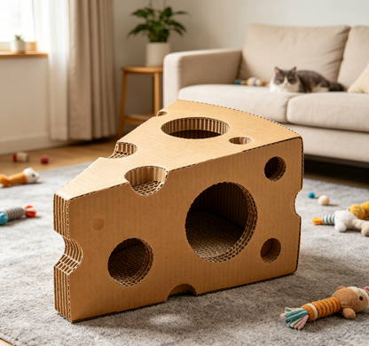 Cheese Slice Corrugated Cat Scratcher Cave, Multi-Hole Hideaway Cat Bed & Scratching Toy