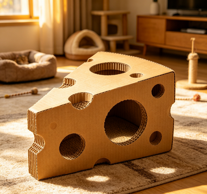Cheese Slice Corrugated Cat Scratcher Cave, Multi-Hole Hideaway Cat Bed & Scratching Toy