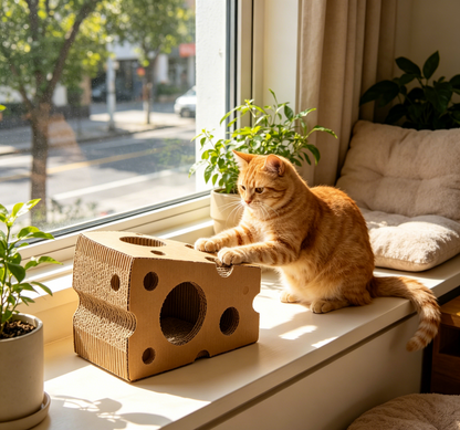 Cheese Slice Corrugated Cat Scratcher Cave, Multi-Hole Hideaway Cat Bed & Scratching Toy