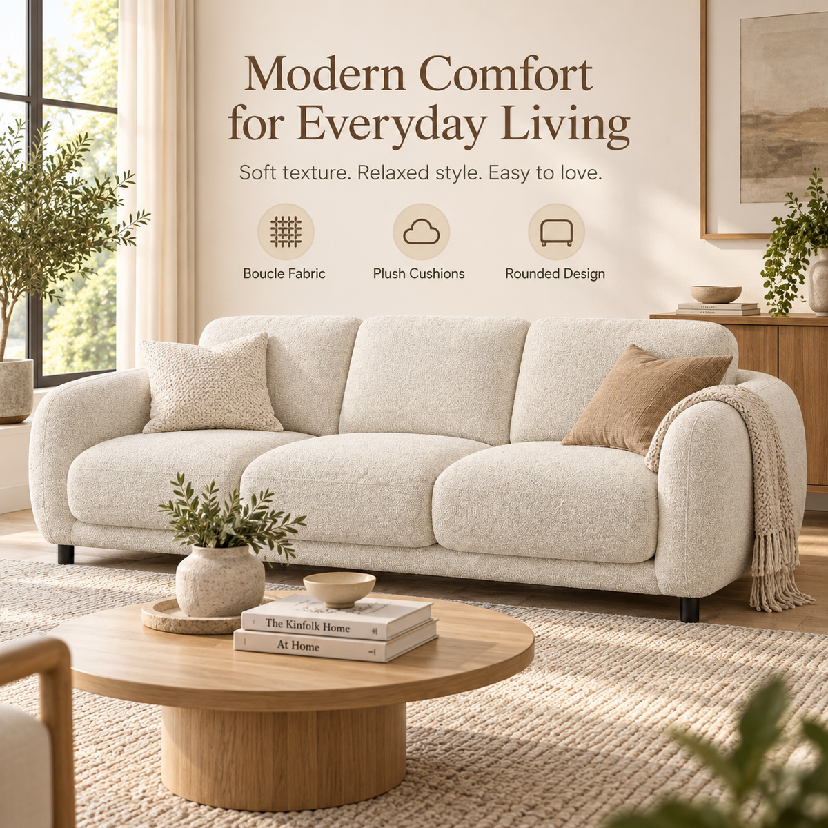 Intoobetter Cream Textured 3-Seat Sofa – Rounded Contemporary Couch for Living Room and Modern Home Styling