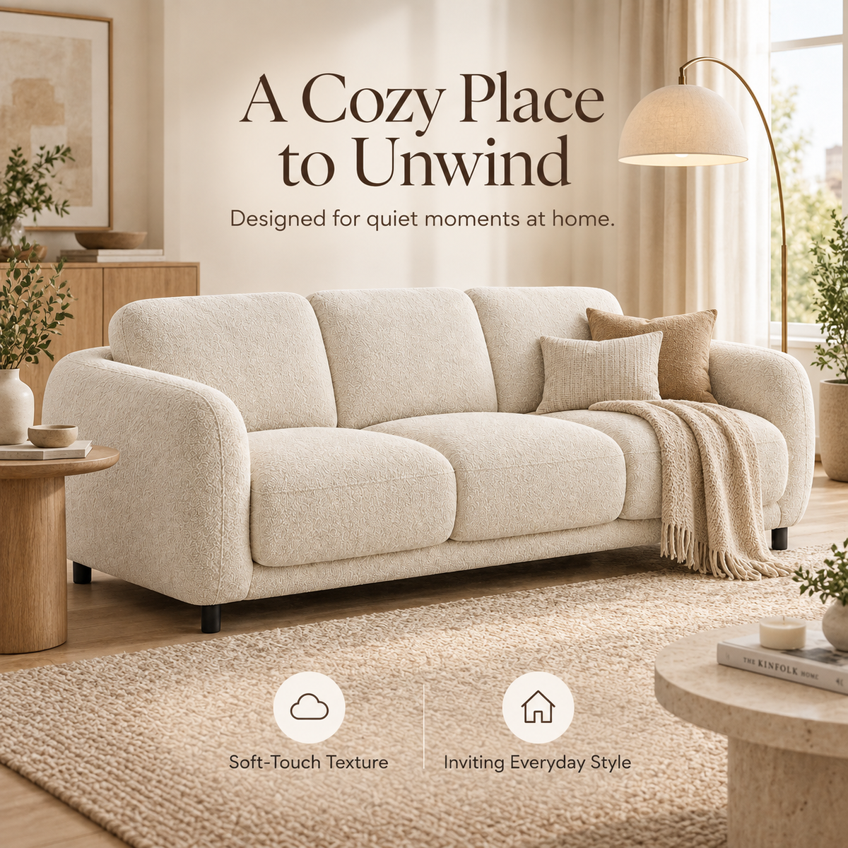 Intoobetter Cream Textured 3-Seat Sofa – Rounded Contemporary Couch for Living Room and Modern Home Styling
