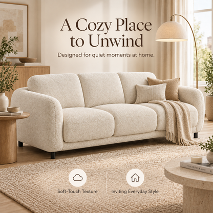 Intoobetter Cream Textured 3-Seat Sofa – Rounded Contemporary Couch for Living Room and Modern Home Styling