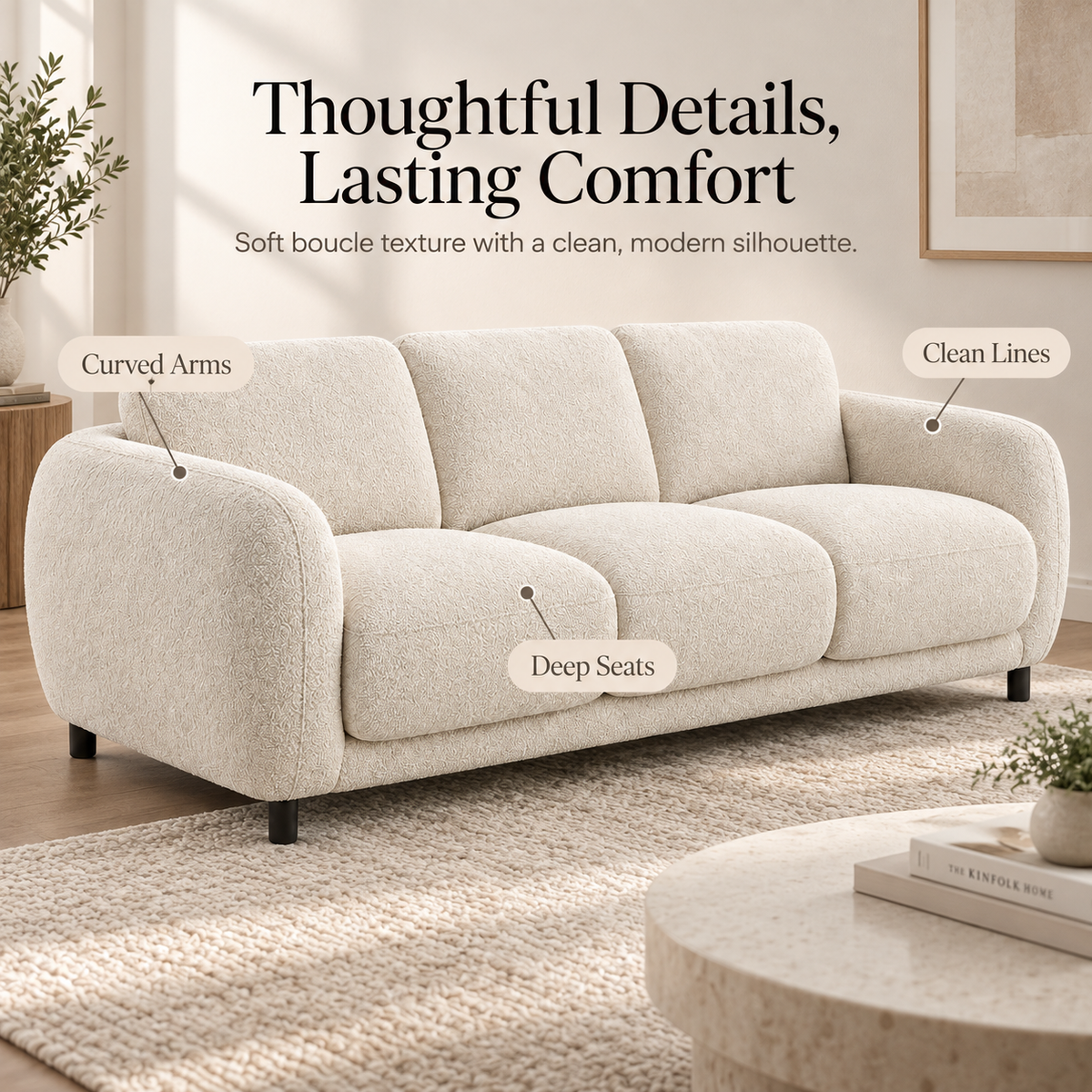Intoobetter Cream Textured 3-Seat Sofa – Rounded Contemporary Couch for Living Room and Modern Home Styling