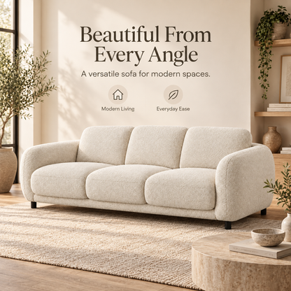 Intoobetter Cream Textured 3-Seat Sofa – Rounded Contemporary Couch for Living Room and Modern Home Styling