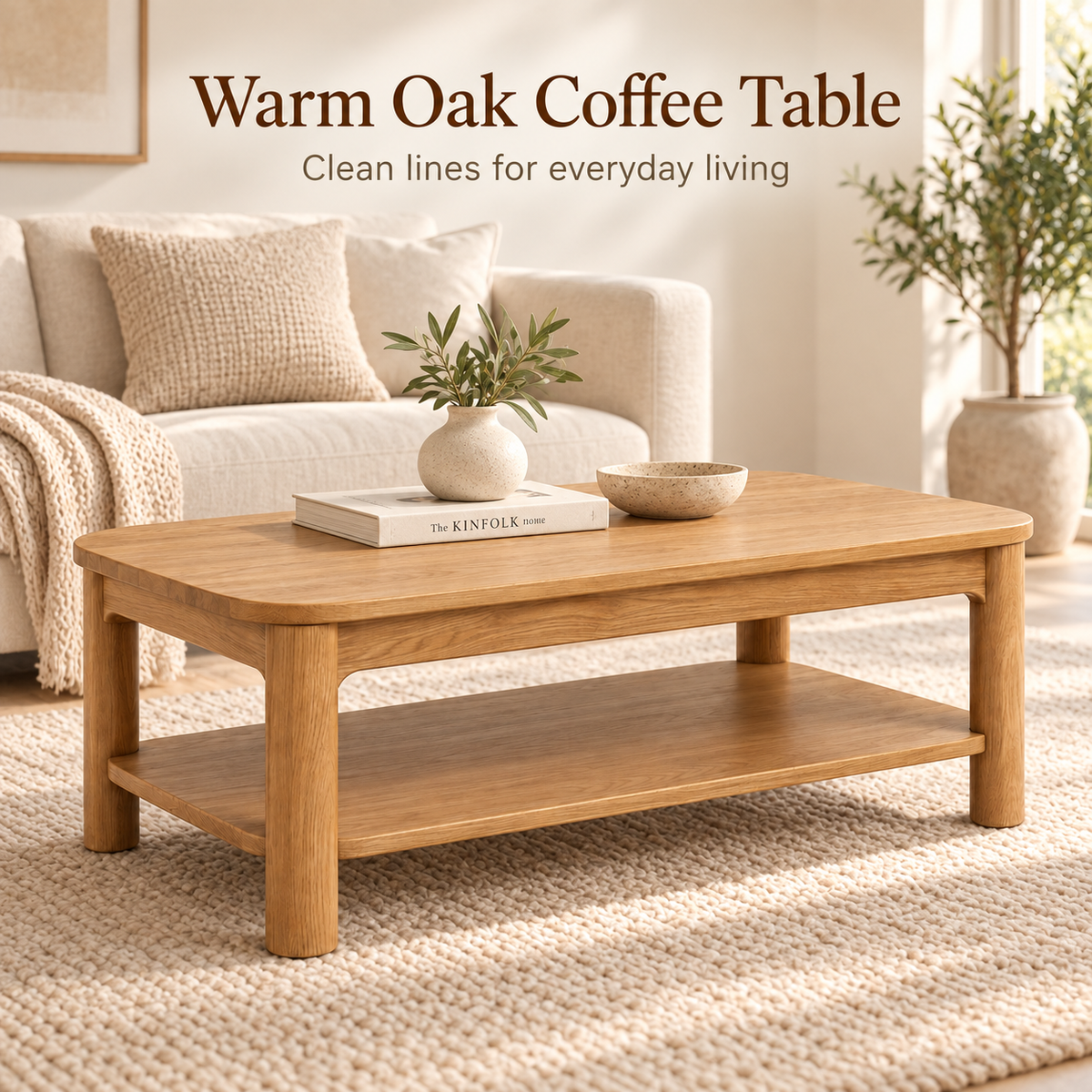 Intoobetter Natural Wood-Tone Coffee Table – Two-Tier Rounded Rectangular Table with Open Storage Shelf