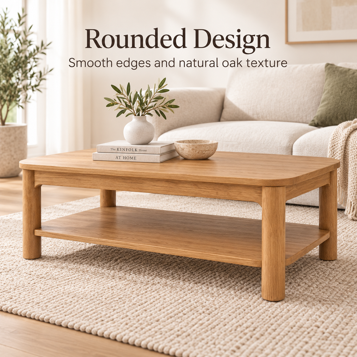 Intoobetter Natural Wood-Tone Coffee Table – Two-Tier Rounded Rectangular Table with Open Storage Shelf