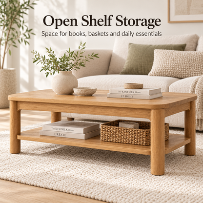 Intoobetter Natural Wood-Tone Coffee Table – Two-Tier Rounded Rectangular Table with Open Storage Shelf