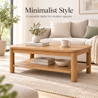 Intoobetter Natural Wood-Tone Coffee Table – Two-Tier Rounded Rectangular Table with Open Storage Shelf