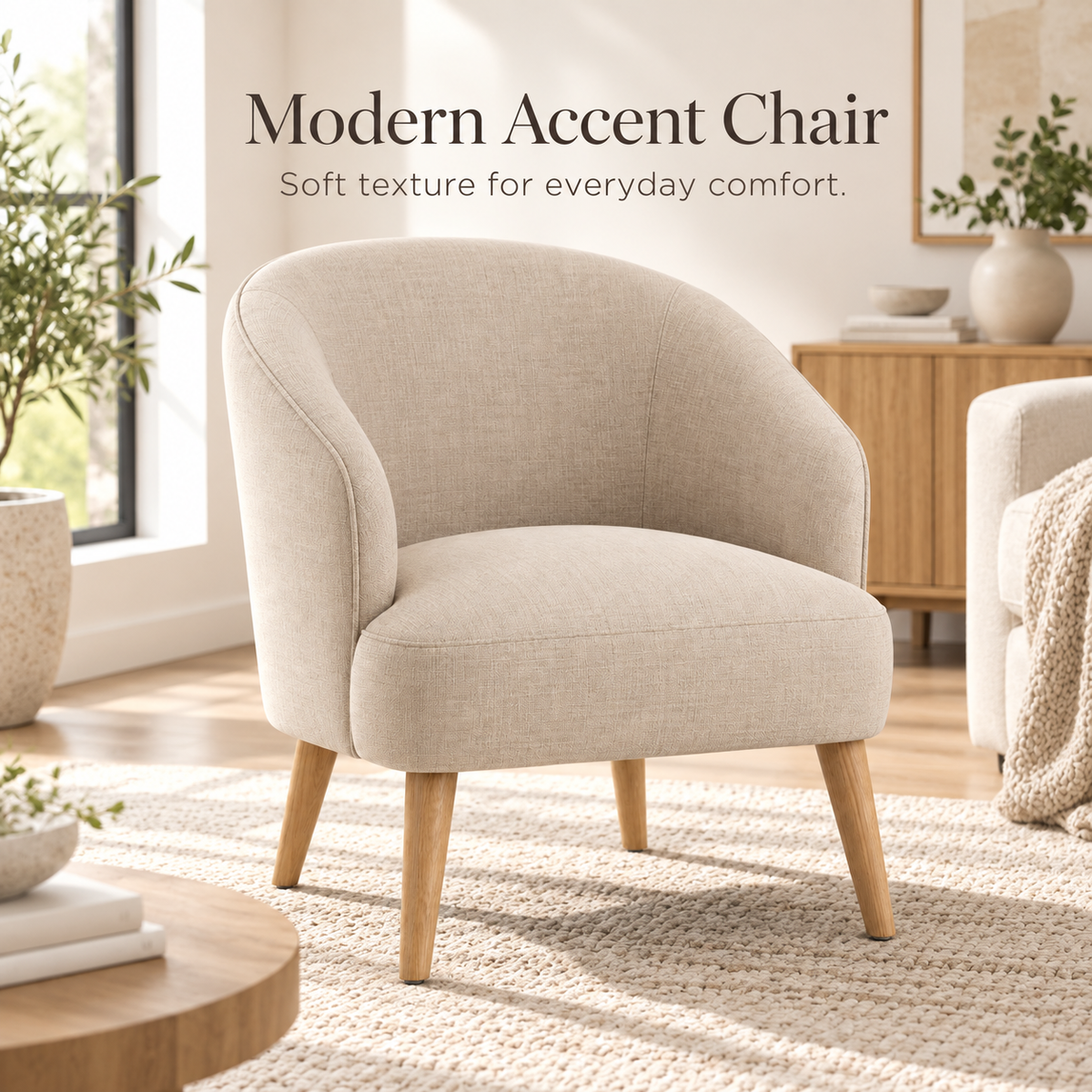 Intoobetter Cream Curved Accent Chair – Textured Upholstered Lounge Chair with Natural Wood-Tone Legs