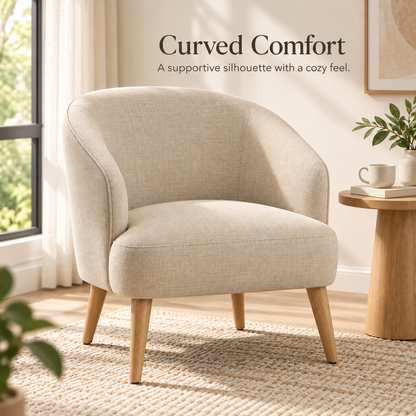 Intoobetter Cream Curved Accent Chair – Textured Upholstered Lounge Chair with Natural Wood-Tone Legs