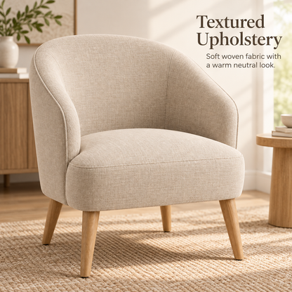 Intoobetter Cream Curved Accent Chair – Textured Upholstered Lounge Chair with Natural Wood-Tone Legs