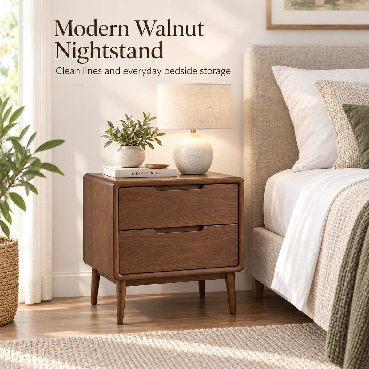 Intoobetter Walnut-Tone 2-Drawer Nightstand – Rounded Wooden-Look Bedside Table with Tapered Legs
