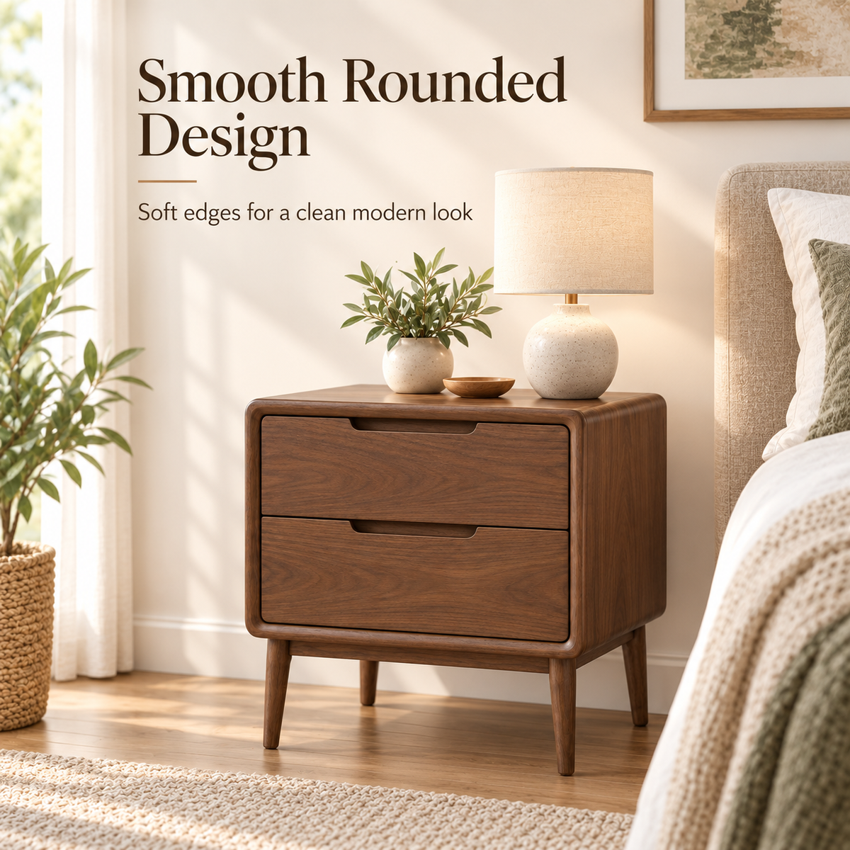 Intoobetter Walnut-Tone 2-Drawer Nightstand – Rounded Wooden-Look Bedside Table with Tapered Legs