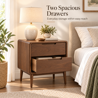 Intoobetter Walnut-Tone 2-Drawer Nightstand – Rounded Wooden-Look Bedside Table with Tapered Legs