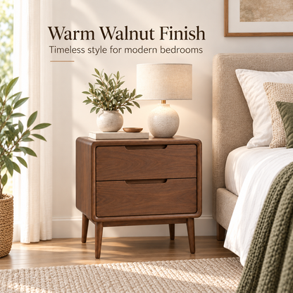 Intoobetter Walnut-Tone 2-Drawer Nightstand – Rounded Wooden-Look Bedside Table with Tapered Legs
