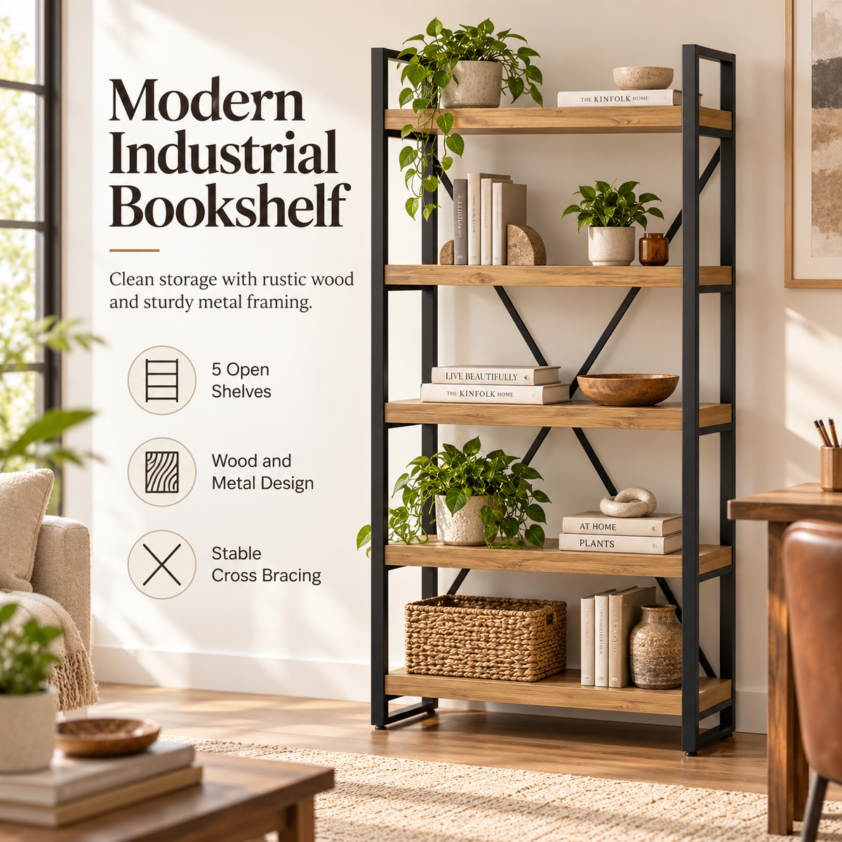 Intoobetter 5-Tier Open Shelving Unit – Wood-Tone Display Bookcase with Black Frame for Modern Home Storage