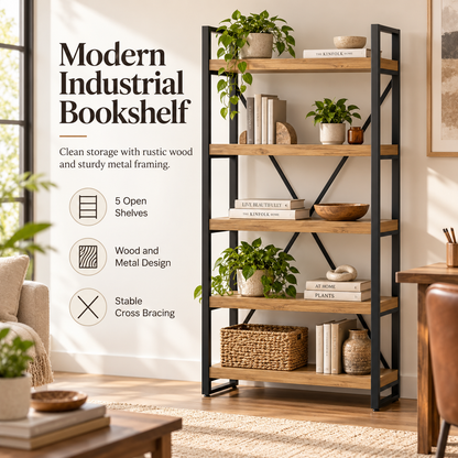 Intoobetter 5-Tier Open Shelving Unit – Wood-Tone Display Bookcase with Black Frame for Modern Home Storage