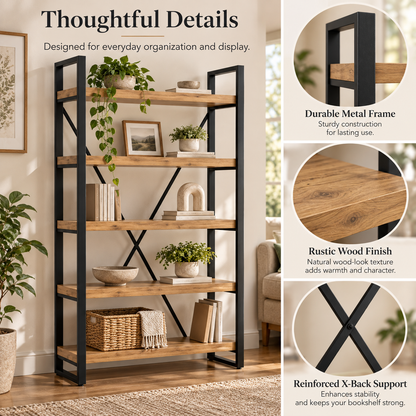 Intoobetter 5-Tier Open Shelving Unit – Wood-Tone Display Bookcase with Black Frame for Modern Home Storage
