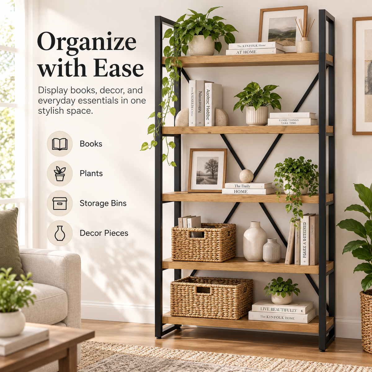 Intoobetter 5-Tier Open Shelving Unit – Wood-Tone Display Bookcase with Black Frame for Modern Home Storage