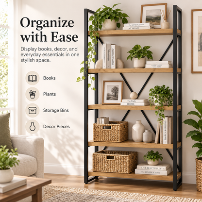 Intoobetter 5-Tier Open Shelving Unit – Wood-Tone Display Bookcase with Black Frame for Modern Home Storage