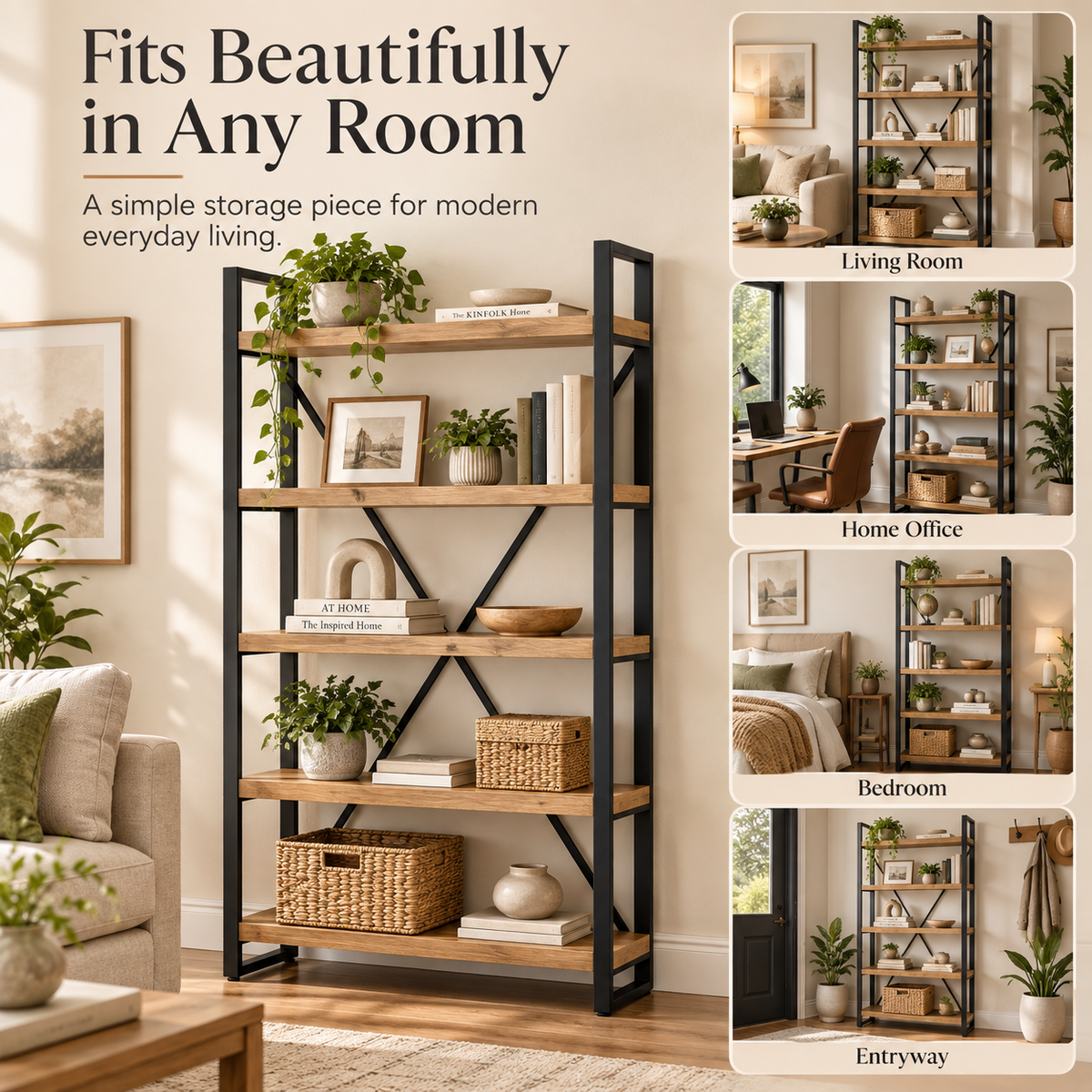 Intoobetter 5-Tier Open Shelving Unit – Wood-Tone Display Bookcase with Black Frame for Modern Home Storage