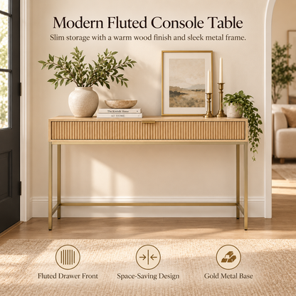 Intoobetter Fluted Console Table – Natural Wood-Tone Entryway Table with Gold-Tone Frame and Drawer Storage
