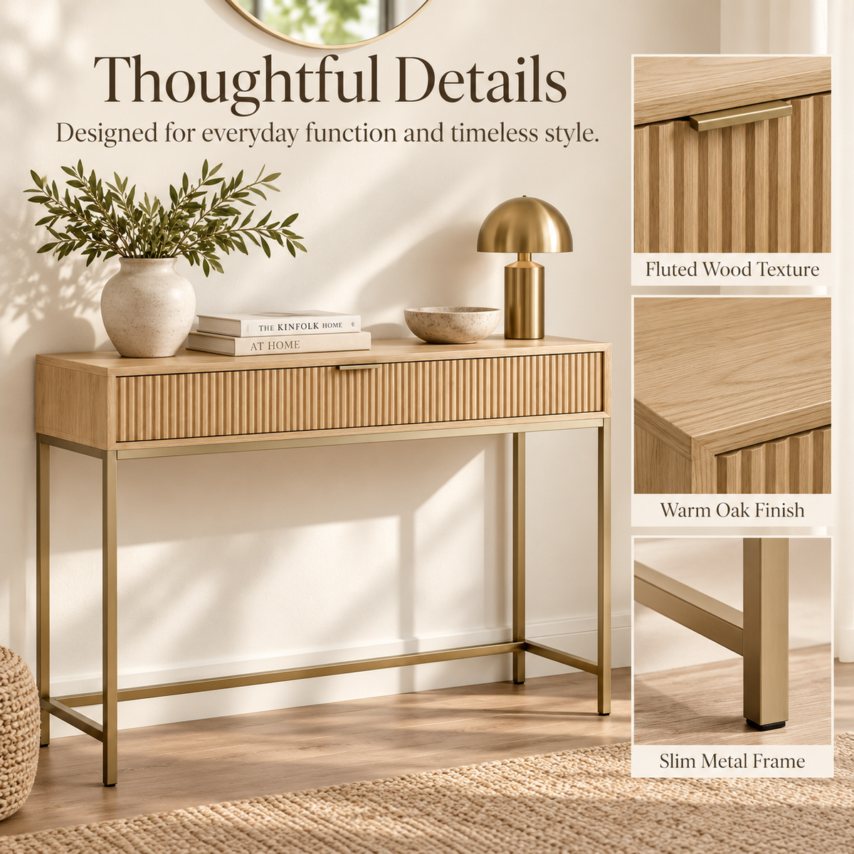Intoobetter Fluted Console Table – Natural Wood-Tone Entryway Table with Gold-Tone Frame and Drawer Storage