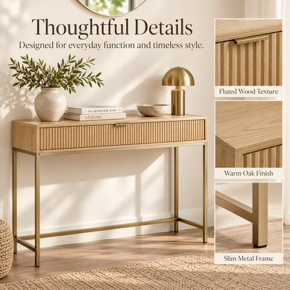 Intoobetter Fluted Console Table – Natural Wood-Tone Entryway Table with Gold-Tone Frame and Drawer Storage