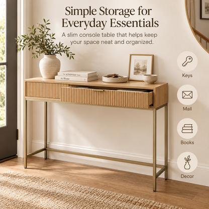 Intoobetter Fluted Console Table – Natural Wood-Tone Entryway Table with Gold-Tone Frame and Drawer Storage