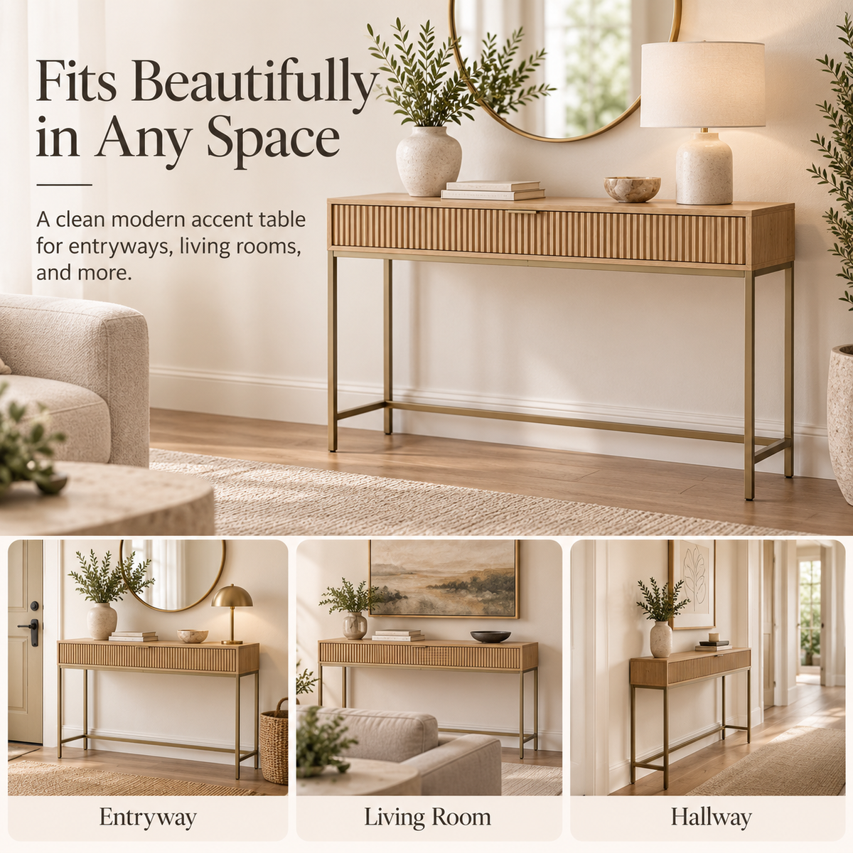 Intoobetter Fluted Console Table – Natural Wood-Tone Entryway Table with Gold-Tone Frame and Drawer Storage