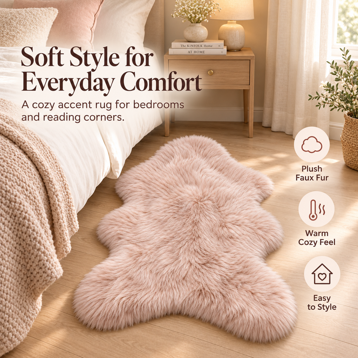 Intoobetter Plush Shag Accent Rug – Blush Pink Irregular Soft-Look Decorative Area Rug