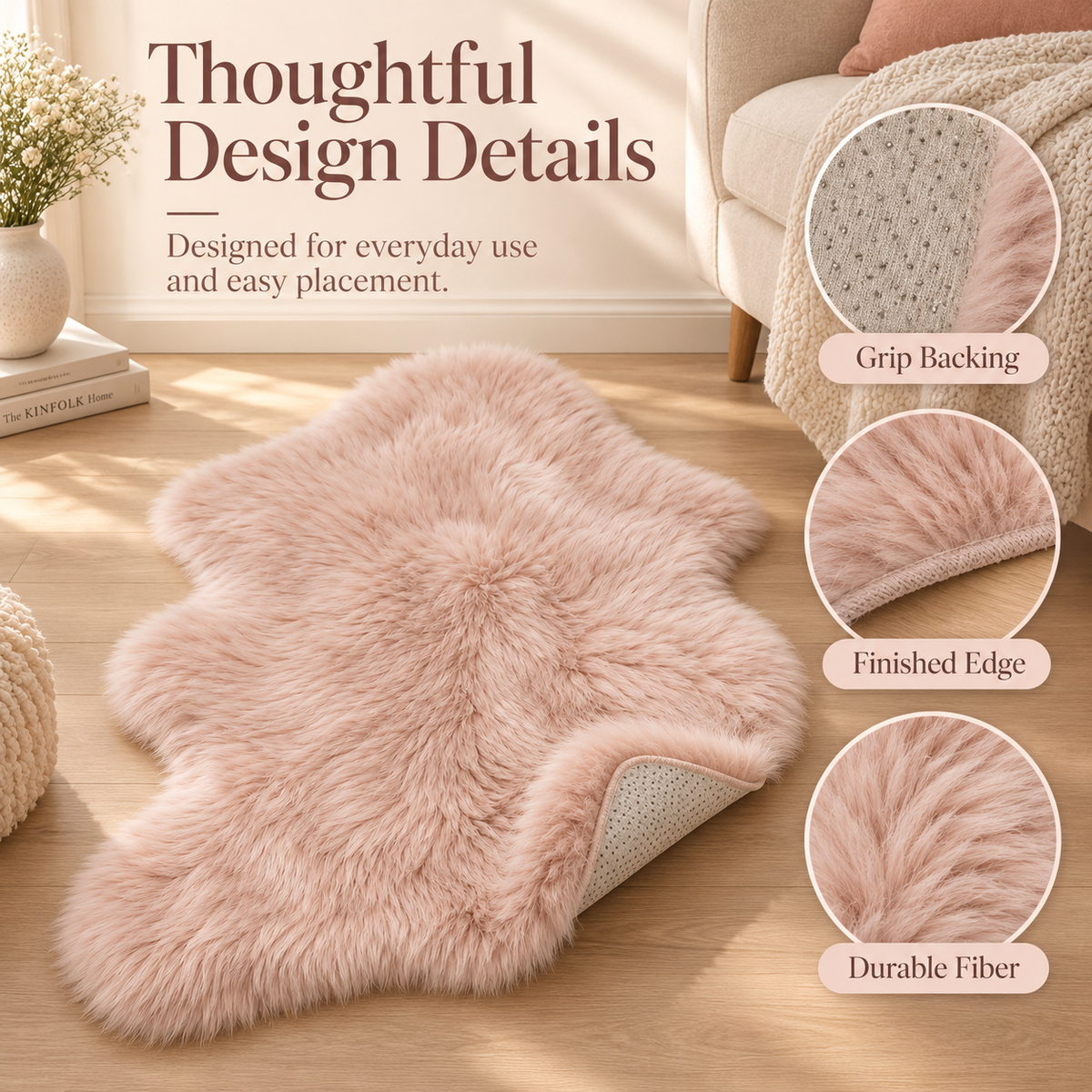 Intoobetter Plush Shag Accent Rug – Blush Pink Irregular Soft-Look Decorative Area Rug