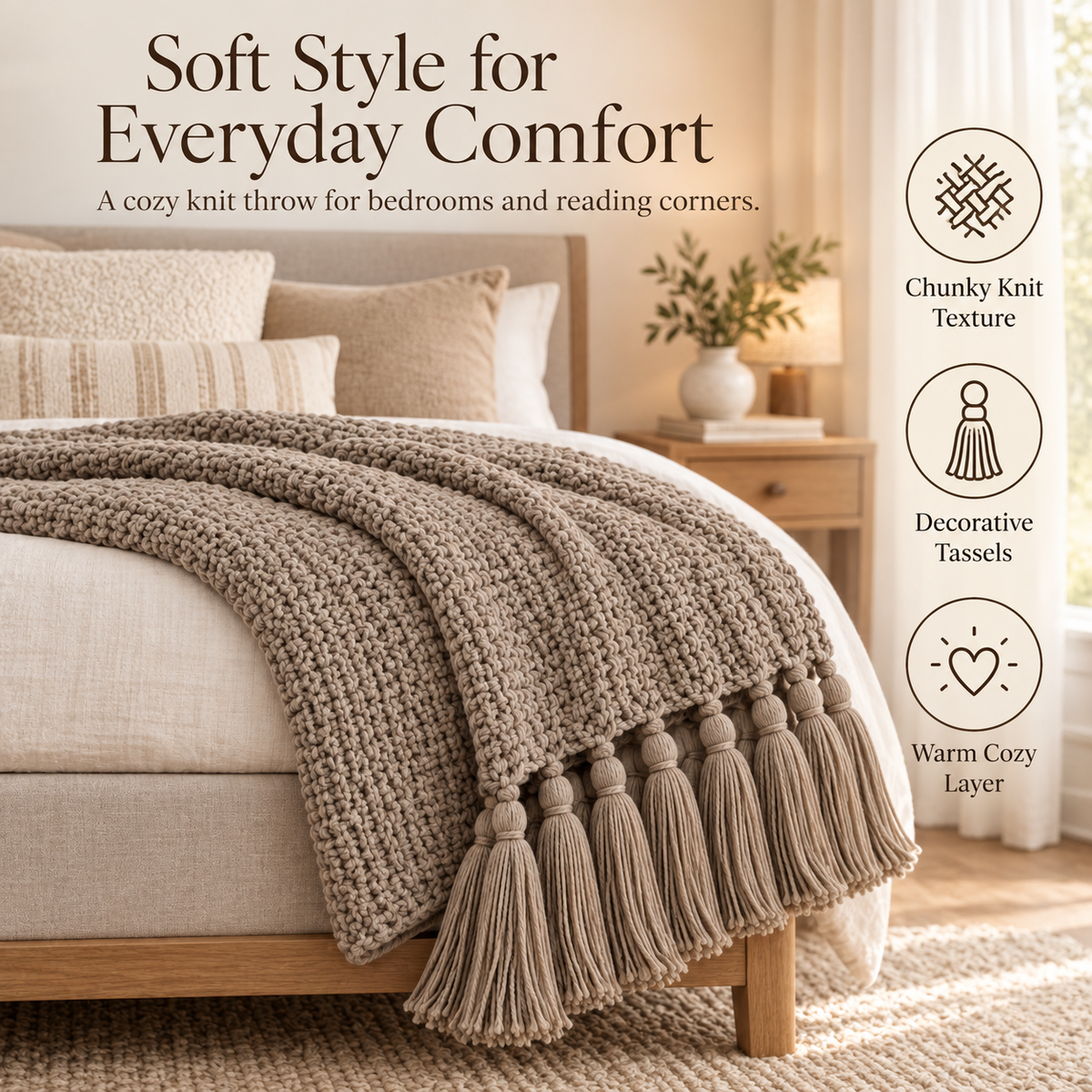 Intoobetter Textured Knit Throw Blanket – Warm Taupe Tassel Accent Blanket for Sofa, Bed and Home Decor