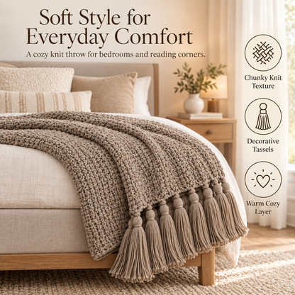 Intoobetter Textured Knit Throw Blanket – Warm Taupe Tassel Accent Blanket for Sofa, Bed and Home Decor