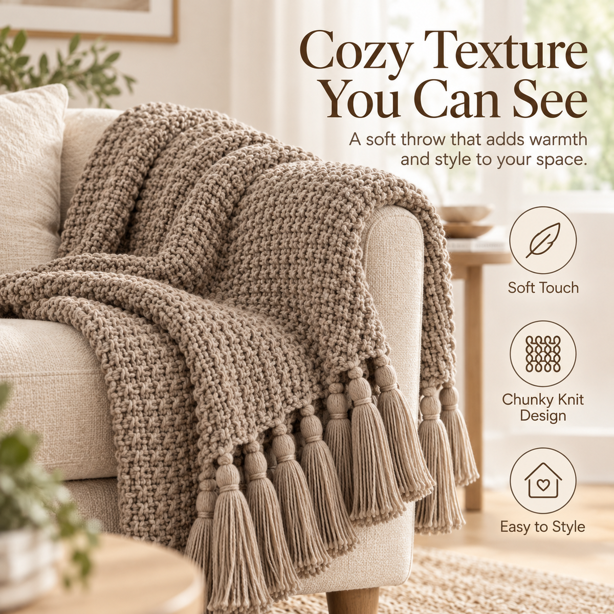Intoobetter Textured Knit Throw Blanket – Warm Taupe Tassel Accent Blanket for Sofa, Bed and Home Decor
