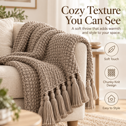 Intoobetter Textured Knit Throw Blanket – Warm Taupe Tassel Accent Blanket for Sofa, Bed and Home Decor